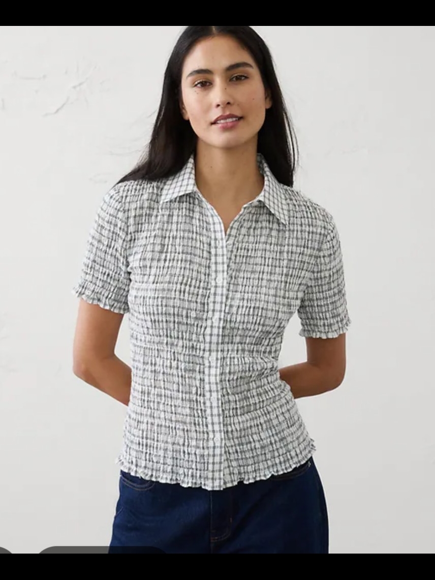 Banana Republic Seersucker Smocked Short-Sleeve Button-Front Top White Plaid